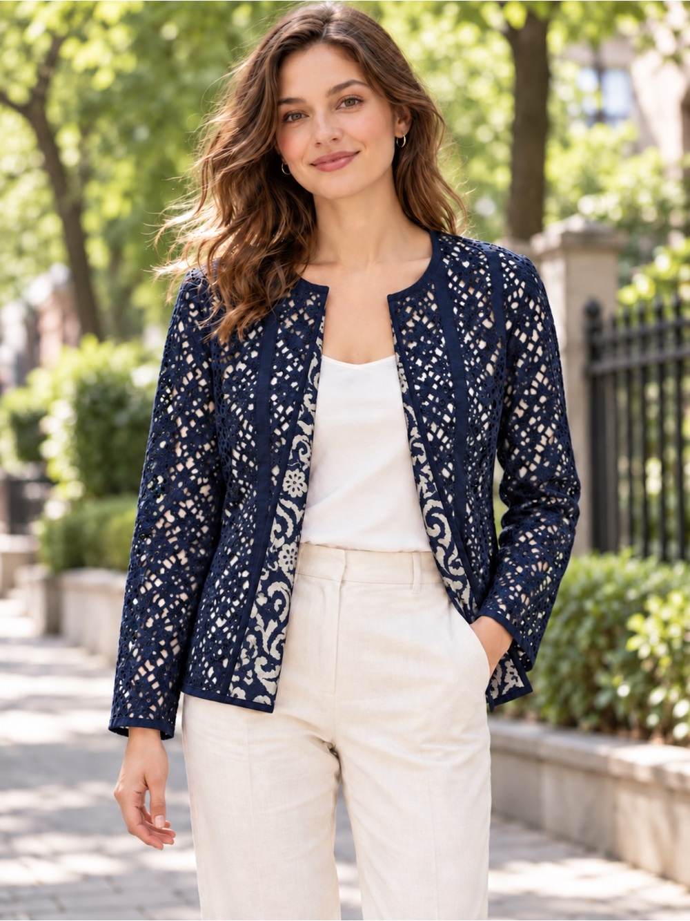 Chico's Navy Eyelet Cotton Floral Open Front Jacket Size 2 US L